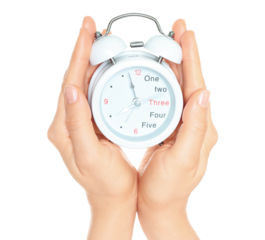 Woman hand holds white Alarm Clock, isolated on transparent background, time and home things concept