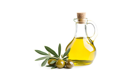 Olive branch and bottle of olive oil isolated on a white background
