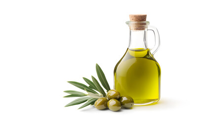 Olive branch and bottle of olive oil isolated on a white background