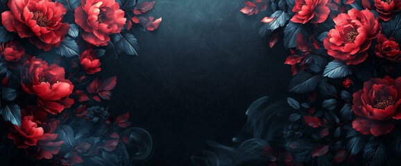 Abstract dark floral background with a large empty space in the center for text, a dark red and black color palette, peonies, leaves, petals, a smoke effect, dark, mysterious, gothic style, fantasy.