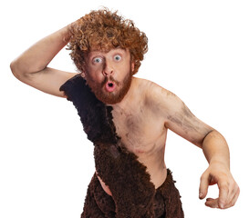 Curious, surprised Neanderthal, primitive man put hand on head and looking at camera with open...