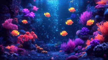Vibrant Underwater Coral Reef Scene with Colorful Tropical Fish Swimming Amongst Rich Marine Flora and Bubbling Water Using Deep Blue Tones