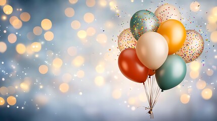 A festive background featuring colorful balloons and confetti against a blurred background of glowing lights.