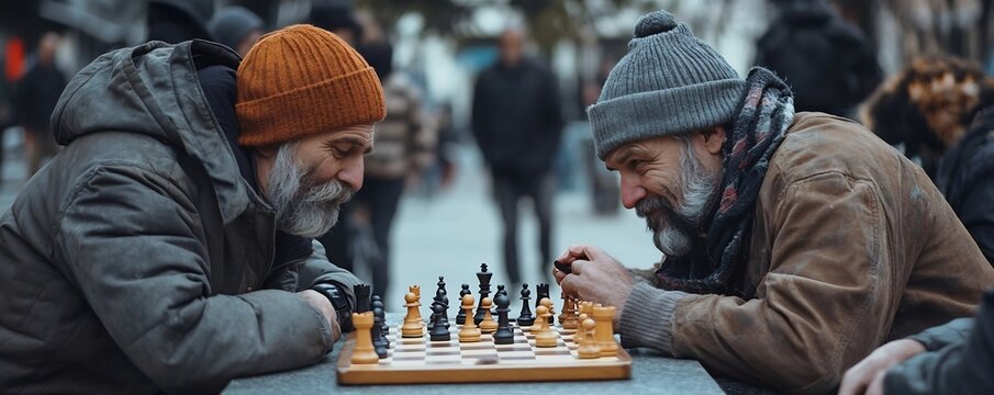 Homeless Individuals Engaged in Intense Chess Game on City Street