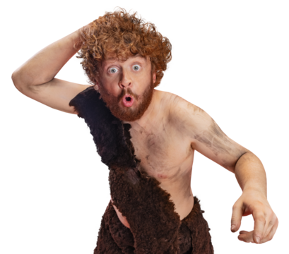 Curious, surprised Neanderthal, primitive man put hand on head and looking at camera with open mouth against transparent background. Concept of history, modern and ancient combination, evolution. Ad - Powered by Adobe