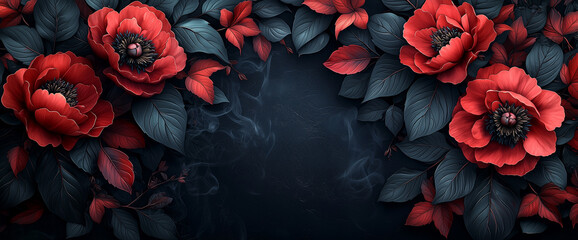 Abstract dark floral background with a large empty space in the center for text, a dark red and black color palette, peonies, leaves, petals, a smoke effect, dark, mysterious, gothic style, fantasy.