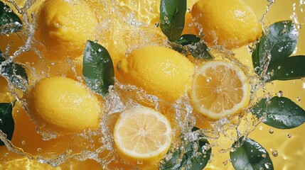 Sliced lemons and full lemons in watery explosion effect