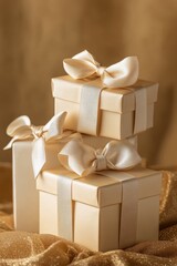 Elegant cream gift boxes with satin bows arranged on a soft golden background for celebrations