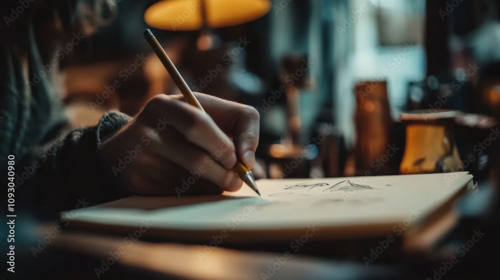 Poster Close-up of a hand sketching on a notepad in dim lighting