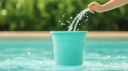 A child tossing a bucket of clear water into the air, droplets catching the light, bucket splash, playful pool fun