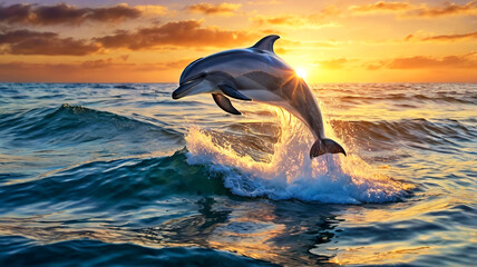 Fototapeta premium Dolphin Leaping from Ocean Waves at Sunset