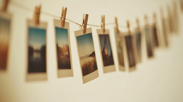 Polaroid photos hanging on a string. A series of conceptual memories