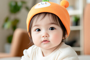 A baby wearing an orange hat with a carrot on it