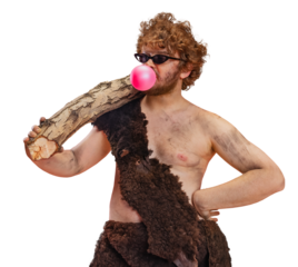 Cropped portrait of artistic man in character of neanderthal wearing animal skin cloth and blows gum against transparent background. Concept of history, modern and ancient combination, evolution. Ad