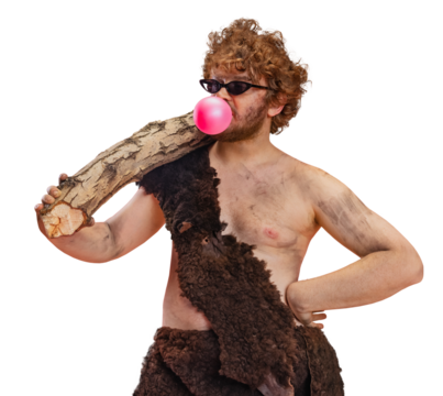 Cropped portrait of artistic man in character of neanderthal wearing animal skin cloth and blows gum against transparent background. Concept of history, modern and ancient combination, evolution. Ad - Powered by Adobe
