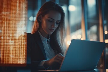 Woman working late at night on laptop in modern office with warm lighting and reflections