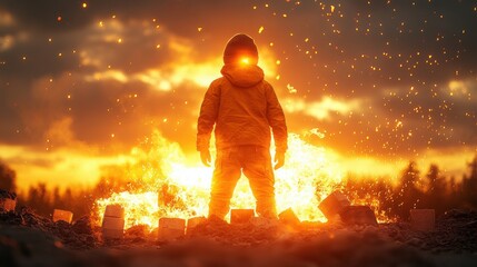 Fototapeta premium A Silhouette of a Child Standing Before a Fiery Blaze at Dusk, Embracing the Wild Power of Nature with a Sense of Adventure and Curiosity in a Beautiful Landscape