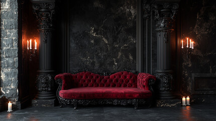 Black Gothic style hall with a red velvet sofa and black stone columns, illuminated by candlelight, creating a dark, atmospheric ambiance.