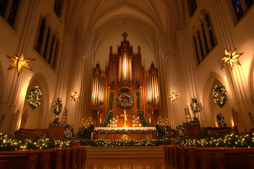Fototapeta premium Christmas-decorated church altar with glowing organ and festive wreaths