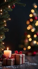 Christmas greeting card invitation with space for text in frame on black background with glowing Christmas tree and glitter. 