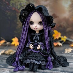 Nice halloween gothic girl witch doll crocheted made of yarn wool beautiful holiday picture...