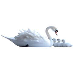 Fototapeta premium A graceful swan with fluffy cygnets resting peacefully on a soft, light background, illustrating a serene family moment in nature.
