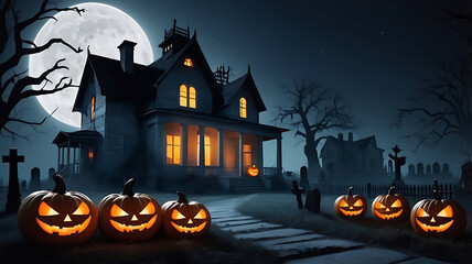 Fototapeta premium A full moon is shining in the sky. Halloween holiday, Smiling carved pumpkins Halloween old house, along a path next to a cemetery design.