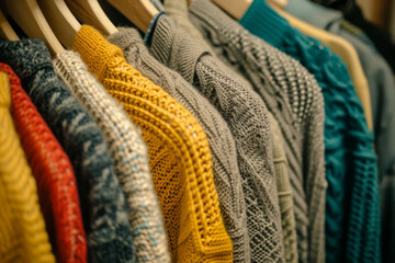 Colorful warm sweaters hanging on hangers in second hand clothing shop, charity shop, thrift store
