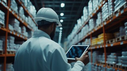 A loader wearing a white helmet checks inventory using a tablet in a bright grocery warehouse, with stacked shelves around and space for text in a wholesale setting.