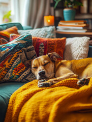 Obraz premium A mixed-breed dog curled up on a cozy couch in a vibrant living room