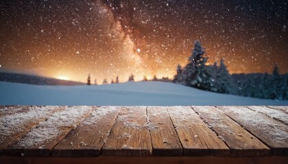 Rustic Wooden Table with Snowy Winter Background 33