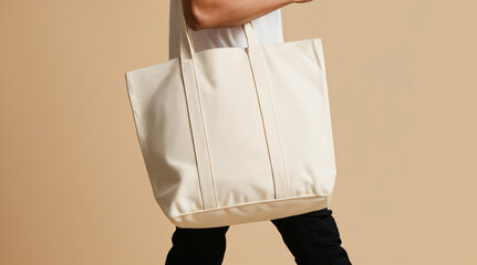 Minimalist Beige Tote Bag Carried by Man in Casual Outfit on Neutral Background