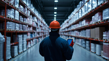 A modern grocery warehouse filled with organized shelves; a loader in safety gear studies the tablet screen, conducting an inventory check with high-tech precision, perfect for who