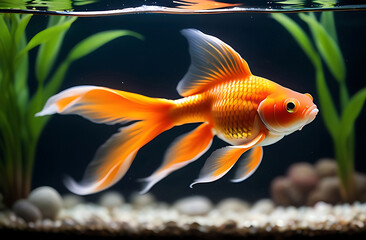 Goldfish swimming in aquarium fish pond close up
