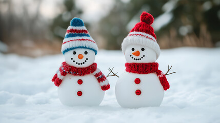 Obraz premium Two cheerful snowmen standing in winter christmas landscape. Merry christmas and happy new year greeting card