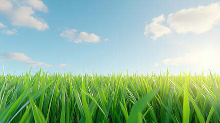 Fototapeta premium vibrant field of green grass under clear blue sky with fluffy clouds, evoking sense of tranquility and freshness. sunlight gently illuminates scene, enhancing its natural beauty