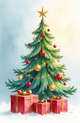 Watercolour green christmas tree and gift boxes on a radiant background. Greeting card for Christmas and New Year. AI generated