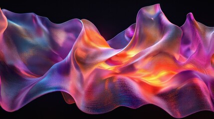 Obraz premium Abstract colorful wavy shape on a black background, glowing softly with vibrant hues, rendered seamlessly in 4K