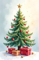 Watercolour green christmas tree and gift boxes on a radiant background. Greeting card for Christmas and New Year. AI generated