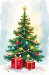 Watercolour green christmas tree and gift boxes on a radiant background. Greeting card for Christmas and New Year. AI generated