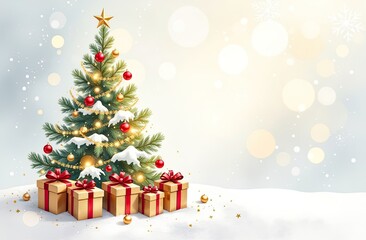 Obraz premium Watercolour green christmas tree and gift boxes on a radiant background. Greeting card for Christmas and New Year with copy space. AI generated