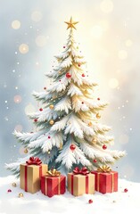 Obraz premium Watercolour white and gold christmas tree and gift boxes on a radiant background. Greeting card for Christmas and New Year.