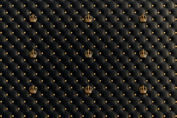 Naklejka premium Luxurious and tufted black leather texture, quilted into diamond-shaped sections decorated by crown embellishments, for high-end branding or luxury designs, with an elegant and premium quality