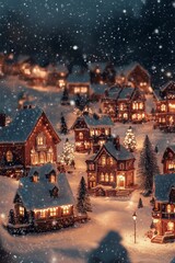 Winter village illuminated at night with soft snowflakes falling softly on rooftops