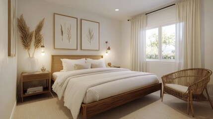 Cozy bedroom with natural decor and soft lighting creates a serene atmosphere
