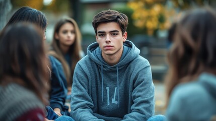 Obraz premium Teenager Boy Surrounded by Friends Outdoor Casual Portrait