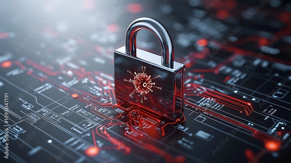 Poster Digital lock icon symbolizing advanced quantum encryption technology  The image depicts a lock icon with quantum bits and data flow
