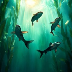 Obraz premium Four fish swim in a kelp forest, sunlight streams from above.