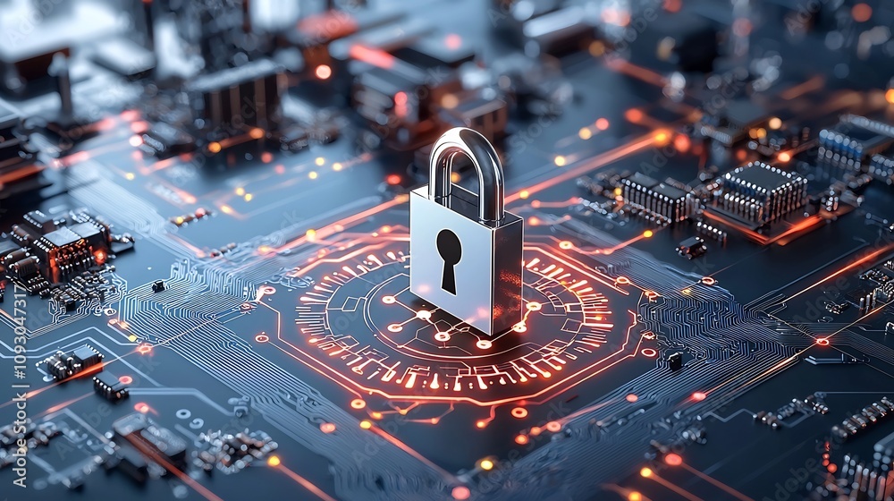 Fototapete Quantum Cryptography Digital Lock Symbol Merging with Circuit Elements in Futuristic High Tech Digital Environment Representing Innovative Data Security and Encryption Concepts