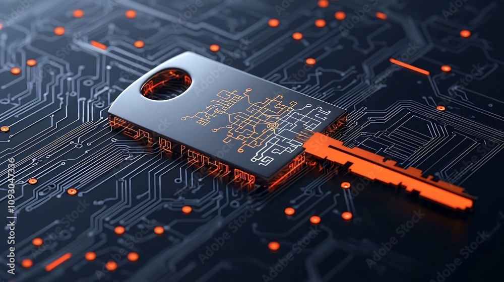 Fototapete Abstract of a key shape with quantum bits and circuit patterns representing the concept of quantum safe encryption and advanced digital security technology